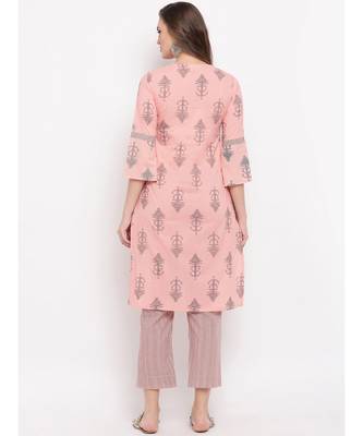 Women'S Printed/Handwork Straight Cotton Light Pink Kurti With Palazzo 2