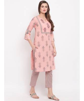 Women'S Printed/Handwork Straight Cotton Light Pink Kurti With Palazzo 3