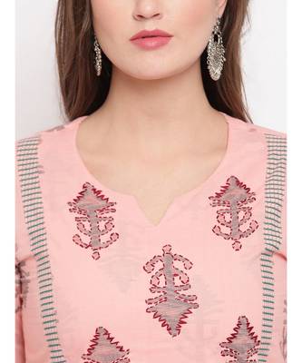 Women'S Printed/Handwork Straight Cotton Light Pink Kurti With Palazzo 4
