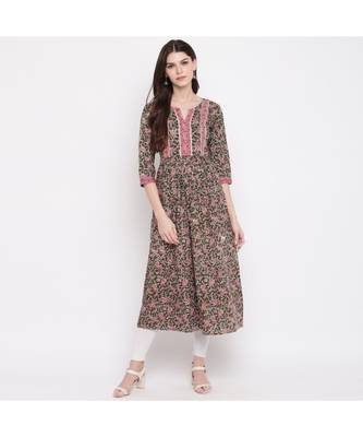 Women'S Kalamkari Prind/Hand Work Anarkali Cotton Green Kurti With Palazzo 1
