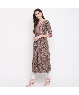 Women'S Kalamkari Prind/Hand Work Anarkali Cotton Green Kurti With Palazzo 3