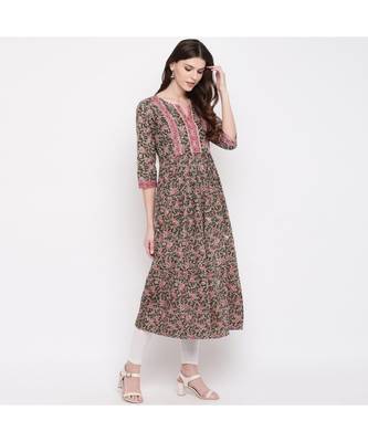Women'S Kalamkari Prind/Hand Work Anarkali Cotton Green Kurti With Palazzo 4