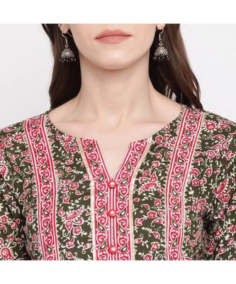 Women'S Kalamkari Prind/Hand Work Anarkali Cotton Green Kurti With Palazzo 5