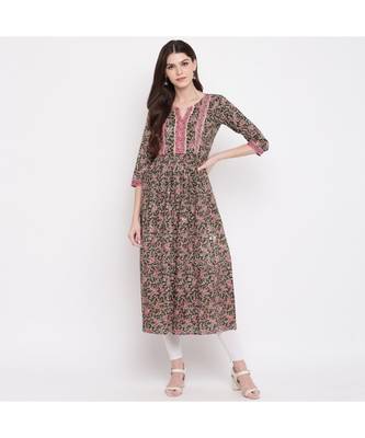 Women'S Kalamkari Prind/Hand Work Anarkali Cotton Green Kurti With Palazzo 6