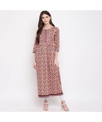 Women'S Kalamkari Prind/Hand Work Anarkali Cotton Brown Kurti With Palazzo 1