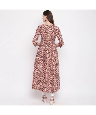 Women'S Kalamkari Prind/Hand Work Anarkali Cotton Brown Kurti With Palazzo 2