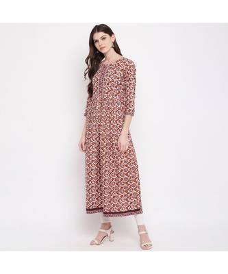 Women'S Kalamkari Prind/Hand Work Anarkali Cotton Brown Kurti With Palazzo 3