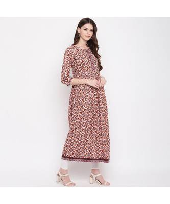 Women'S Kalamkari Prind/Hand Work Anarkali Cotton Brown Kurti With Palazzo 4