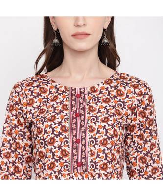 Women'S Kalamkari Prind/Hand Work Anarkali Cotton Brown Kurti With Palazzo 5