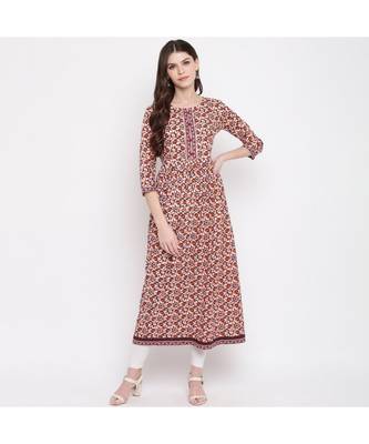 Women'S Kalamkari Prind/Hand Work Anarkali Cotton Brown Kurti With Palazzo 6