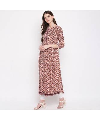 Women'S Kalamkari Prind/Hand Work Anarkali Cotton Brown Kurti With Palazzo 7