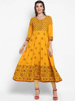  Mustard printed cotton cotton-kurtis 1