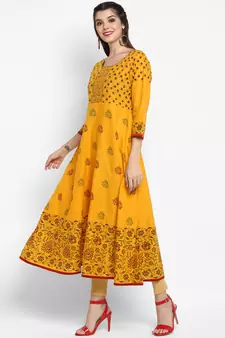  Mustard printed cotton cotton-kurtis