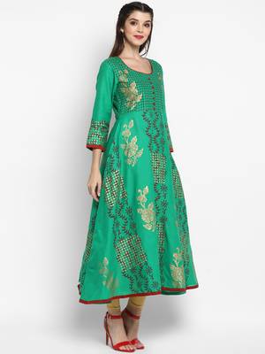 G COLLECTION Green printed cotton cotton-kurtis 2