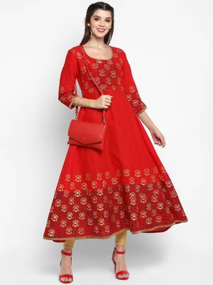 G COLLECTION Red printed cotton cotton-kurtis 1