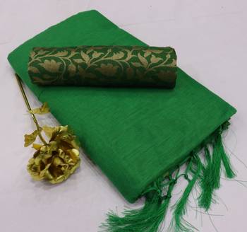 Green plain chanderi silk saree with blouse 1