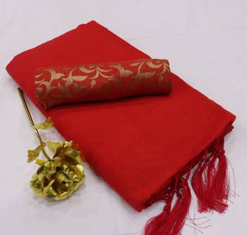 Red plain chanderi silk saree with blouse 1