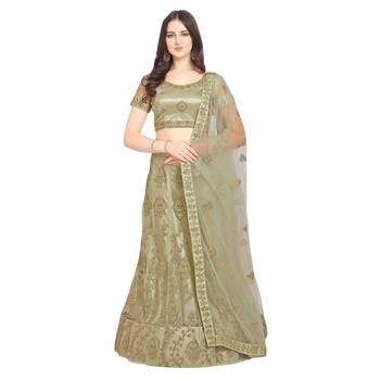 Beige embroidered net semi stitched lehenga 1