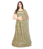 Beige embroidered net semi stitched lehenga