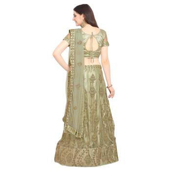 Beige embroidered net semi stitched lehenga 2