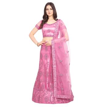 Pink embroidered net semi stitched lehenga 1