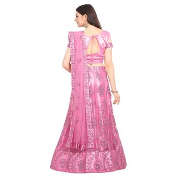 Pink embroidered net semi stitched lehenga 2