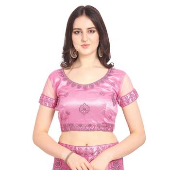 Pink embroidered net semi stitched lehenga 3