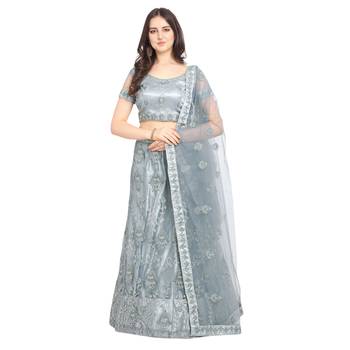 Grey embroidered net semi stitched lehenga 1