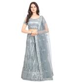 Grey embroidered net semi stitched lehenga