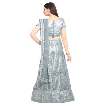Grey embroidered net semi stitched lehenga 2