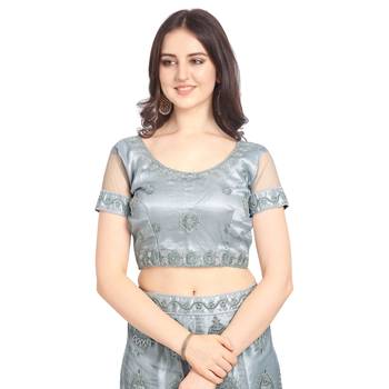 Grey embroidered net semi stitched lehenga 3