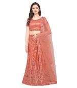 Peach embroidered net semi stitched lehenga