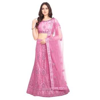 Pink embroidered net semi stitched lehenga 1