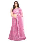 Pink embroidered net semi stitched lehenga