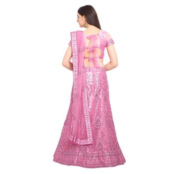 Pink embroidered net semi stitched lehenga 2