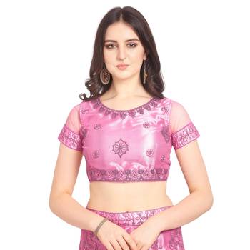 Pink embroidered net semi stitched lehenga 3