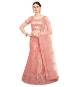 Coral embroidered net semi stitched lehenga