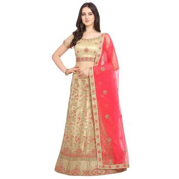 Beige embroidered net semi stitched lehenga 1