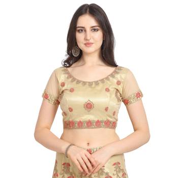 Beige embroidered net semi stitched lehenga 3