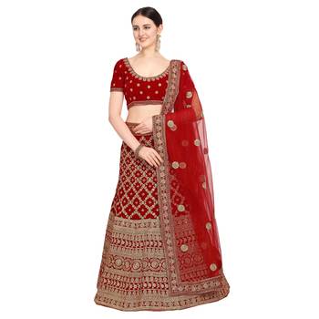 Red embroidered velvet semi stitched lehenga 1