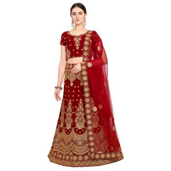 Red embroidered velvet semi stitched lehenga 1