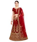 Red embroidered velvet semi stitched lehenga