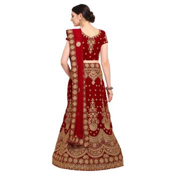 Red embroidered velvet semi stitched lehenga 2