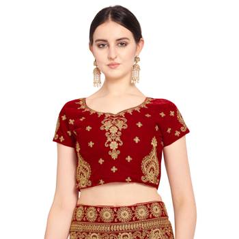 Red embroidered velvet semi stitched lehenga 3
