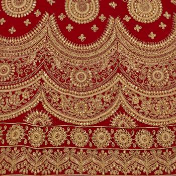 Red embroidered velvet semi stitched lehenga 4