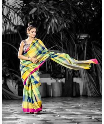 Stunning Khadi cotton saree in multi colour checks 1