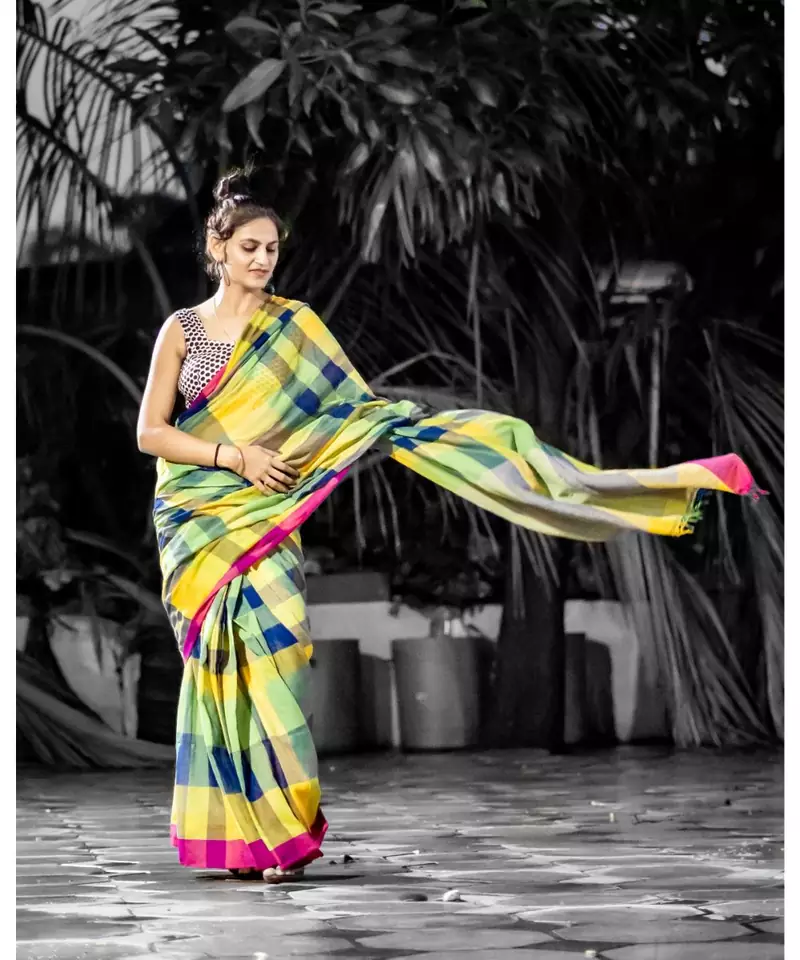 Stunning Khadi cotton saree in multi colour checks