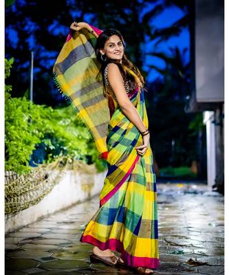 Stunning Khadi cotton saree in multi colour checks 2