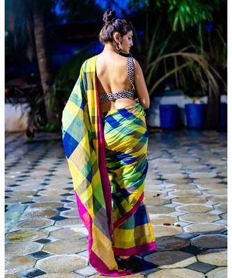 Stunning Khadi cotton saree in multi colour checks 3