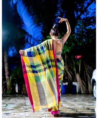 Stunning Khadi cotton saree in multi colour checks 4